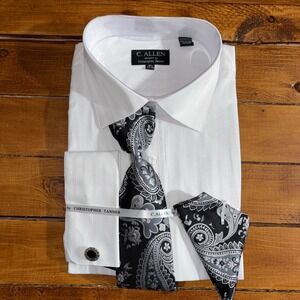 C. Allen Dress Shirt Men 18.5 34/35 White Herringbone Tie Pocket Square Set NEW